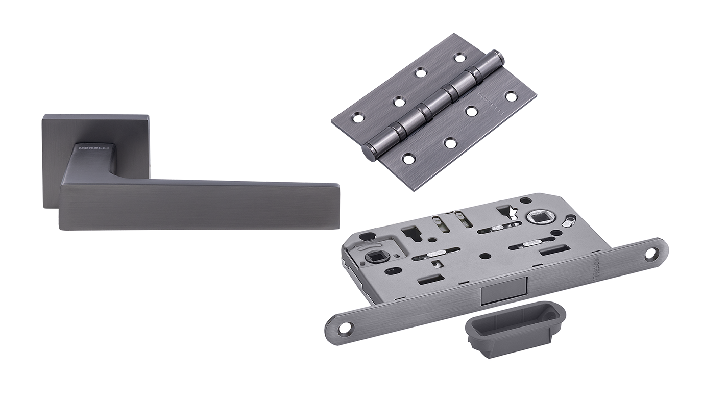 Комплект дверных ручек MH-54-S6 GR + защёлка бесшумная M1895 GR + петли врезные универсальные MSN 100X70X2.5-4BB GR (2шт)