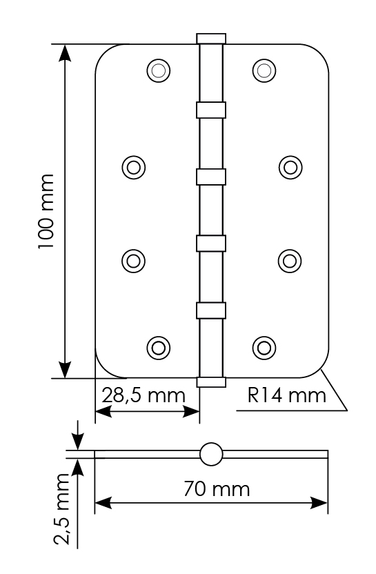 Петля стальная MSN-C 100X70X2.5-4BB SG скругленная универсальная с подшипником, вес полотна до 40 кг, цвет матовое золото фото купить в Казани